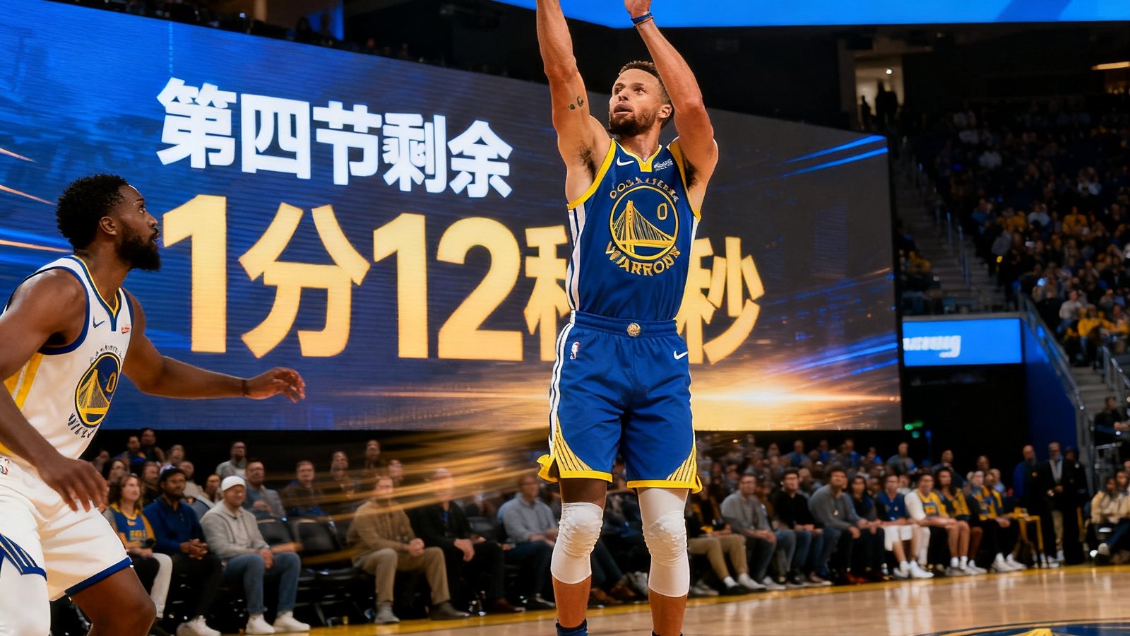 NBA精彩集锦封面，勇士队库里在三分线外两步位置起跳投篮，篮球在空中划出高弧线，背景大屏幕显示第四节剩余1分12秒